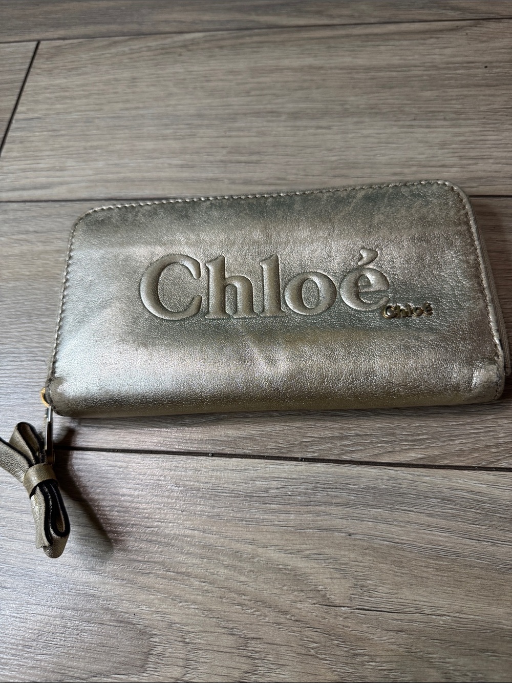 Chloé Metallic Gold Embossed Leather Zip Wallet